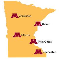 Silhouette of Minnesota with each UMN Campus noted